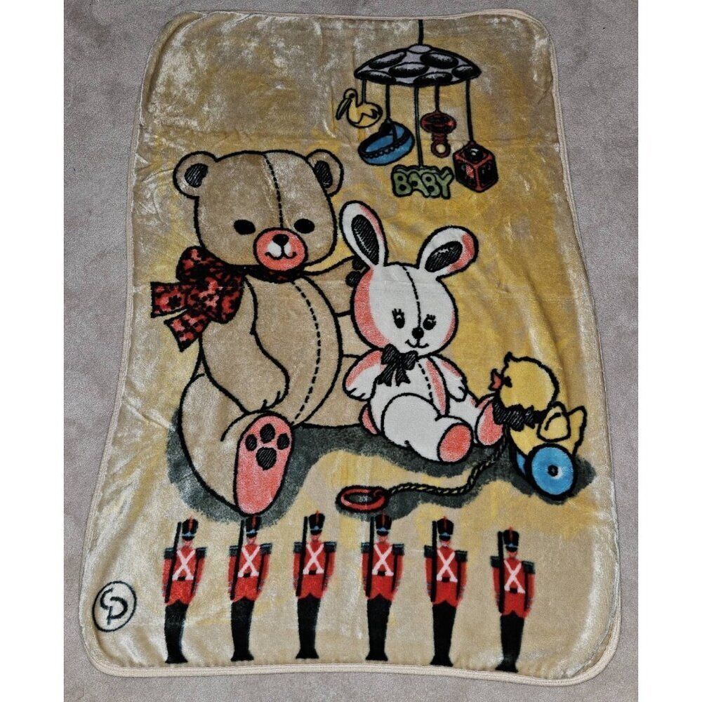 VTG Blanket Brown Teddy Bear White Bunny Duck Red Soldier Toys Colap 40x60 READ